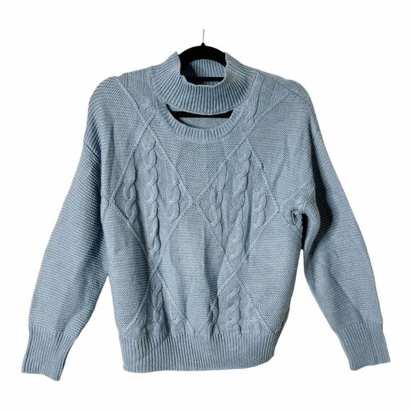 Steve Madden Womens Blue Cable Knit Front Keyhole Balloon Sleeves Sweater Medium - Picture 1 of 6